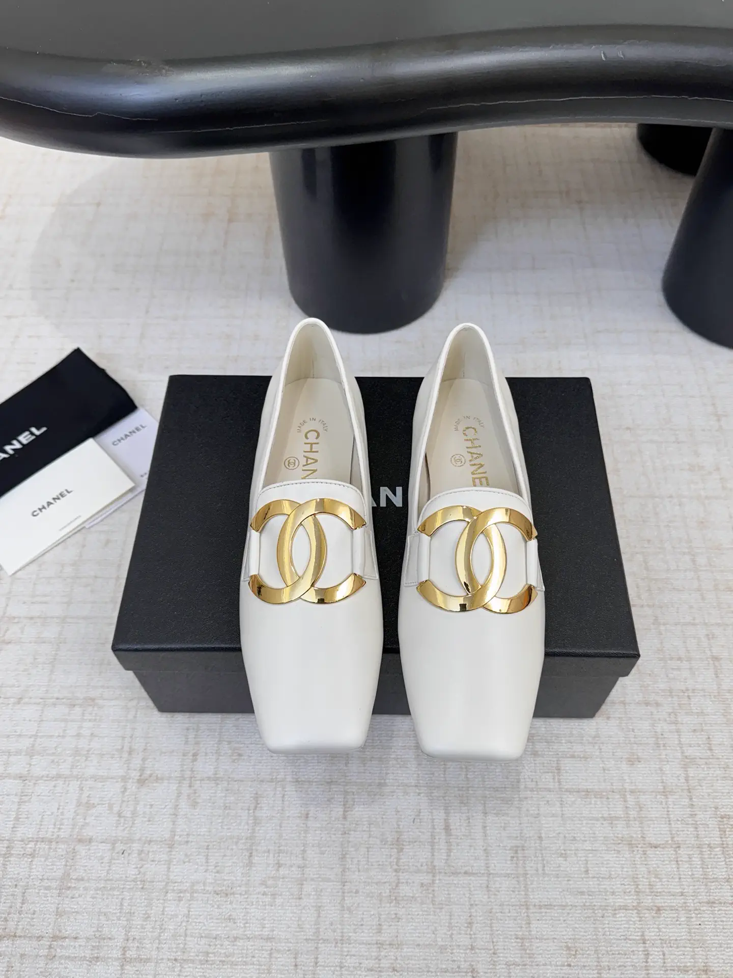 White Square Toe Loafers with Gold Interlocking Buckle image 1