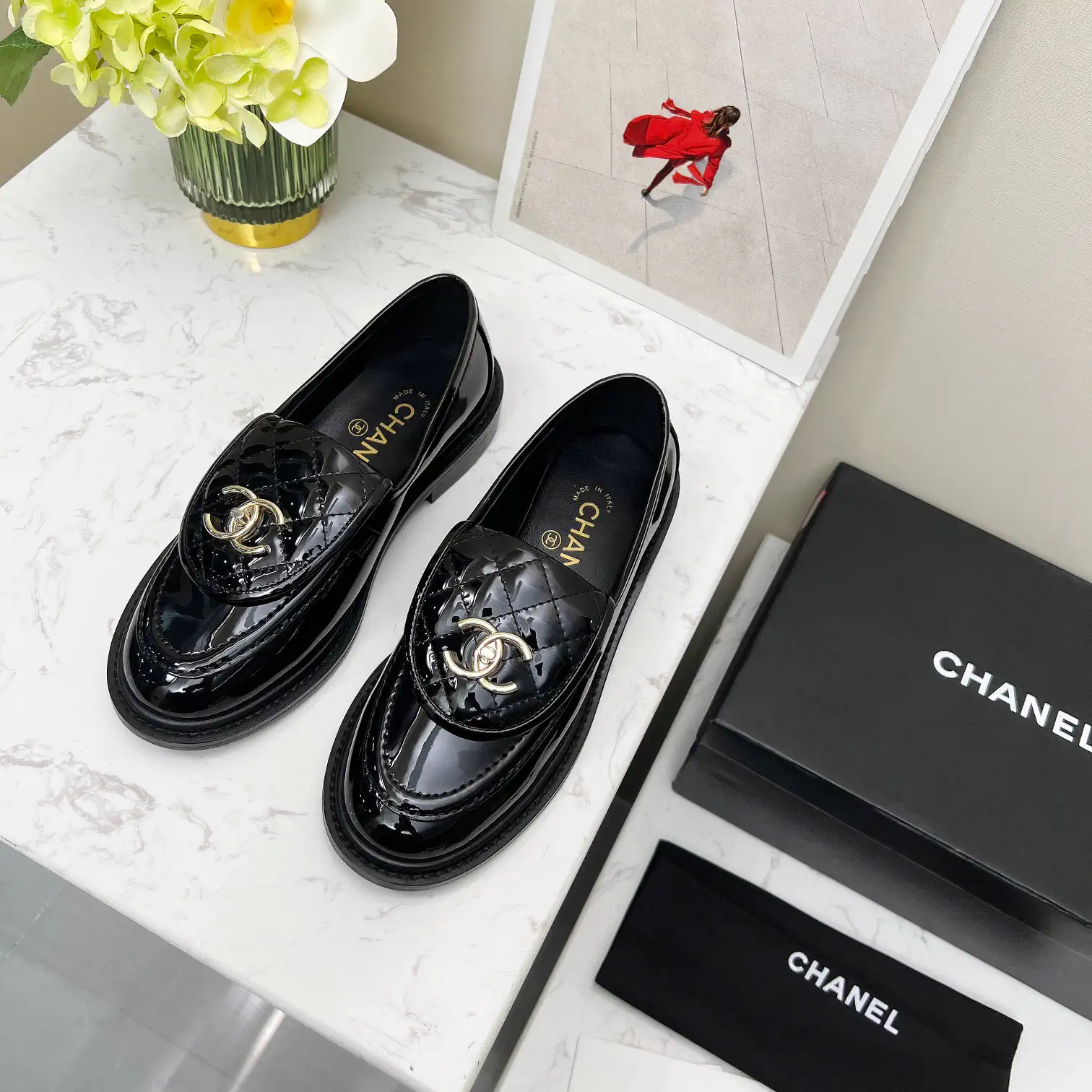 CHANEL Women's Patent Leather Loafers with CC Logo image 1