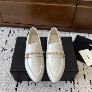 White Pointed Toe Low Heel Loafer Flats with Chain Buckle image 1