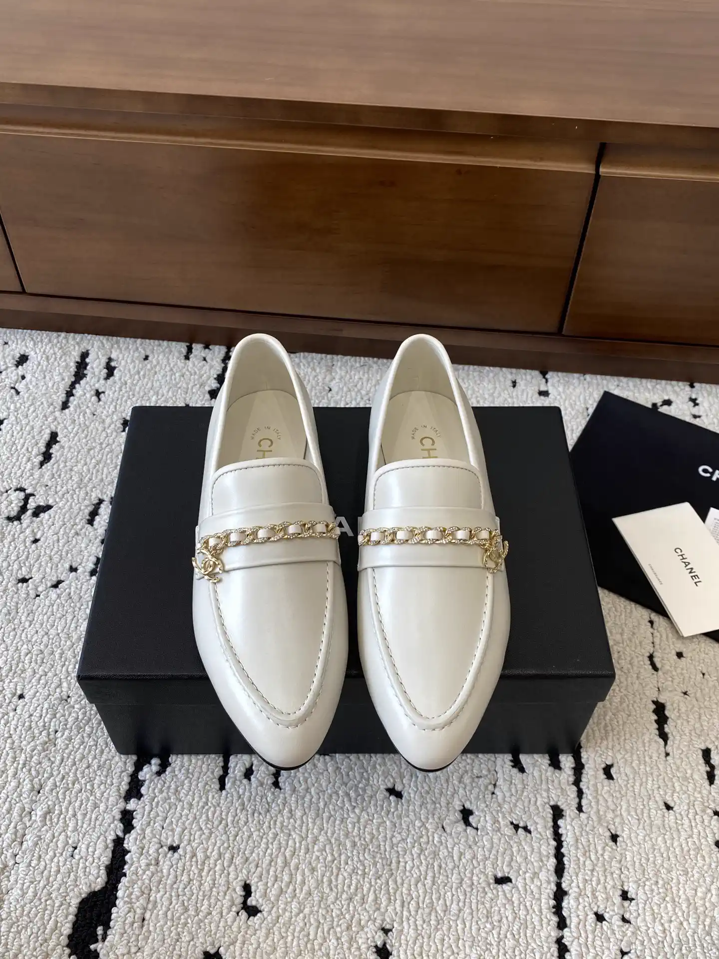 White Pointed Toe Low Heel Loafer Flats with Chain Buckle image 1