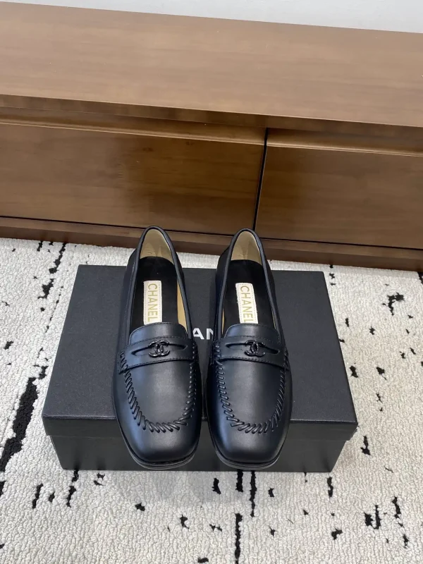 Black Square Toe Low Heel Leather Loafers image 1