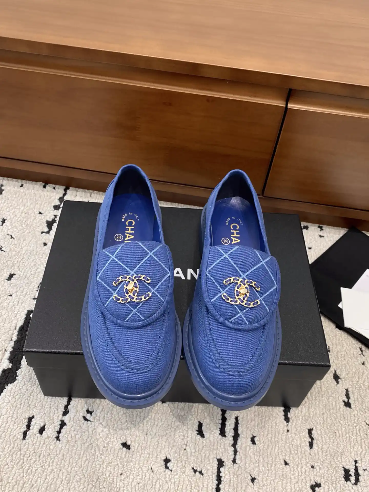Blue Denim Quilted Loafers with CC Buckle image 1