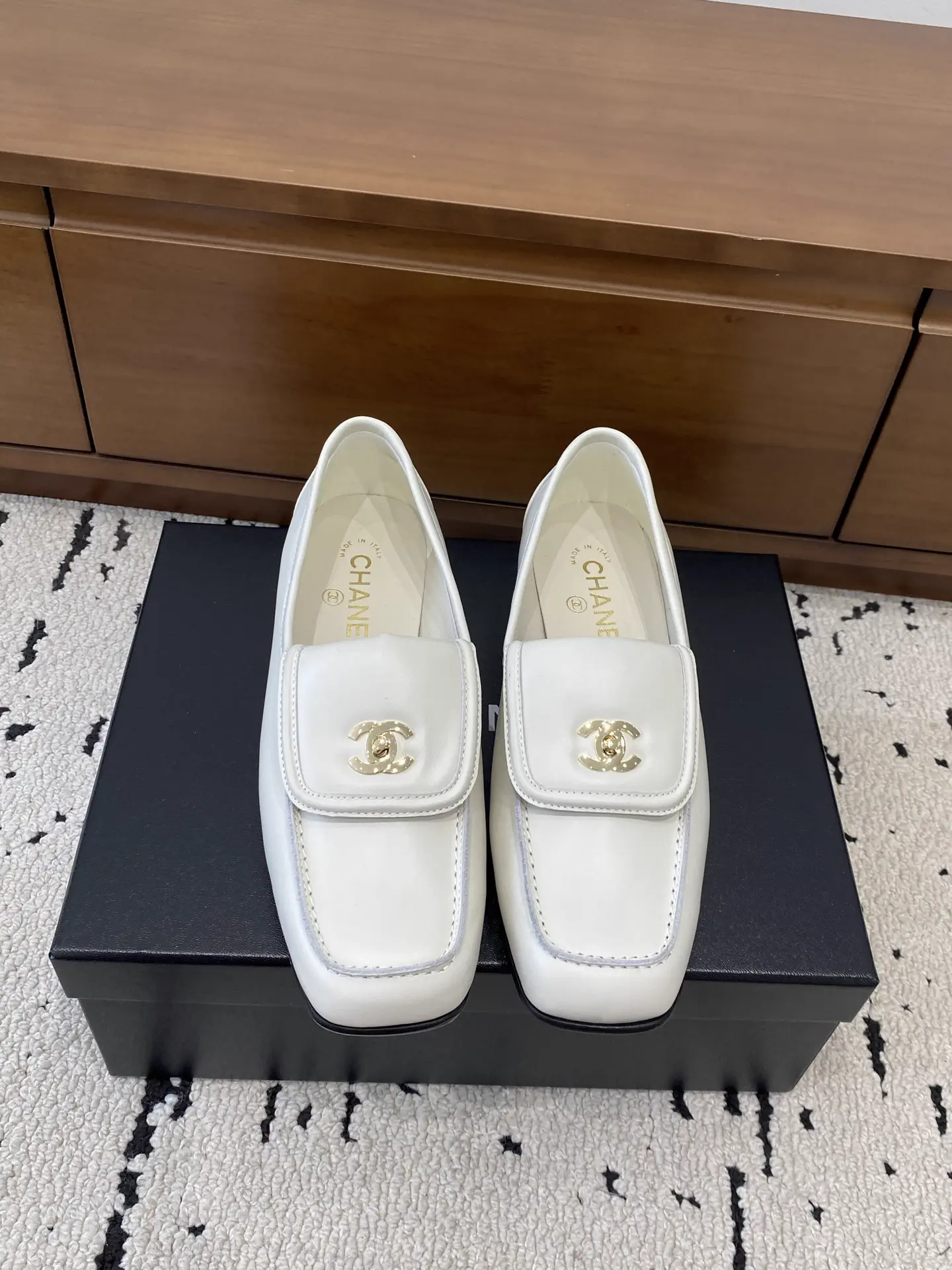 White Square Toe Loafers with Double C Buckle image 1