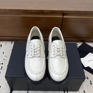 CHANEL White Leather Lace-Up Loafers image 1