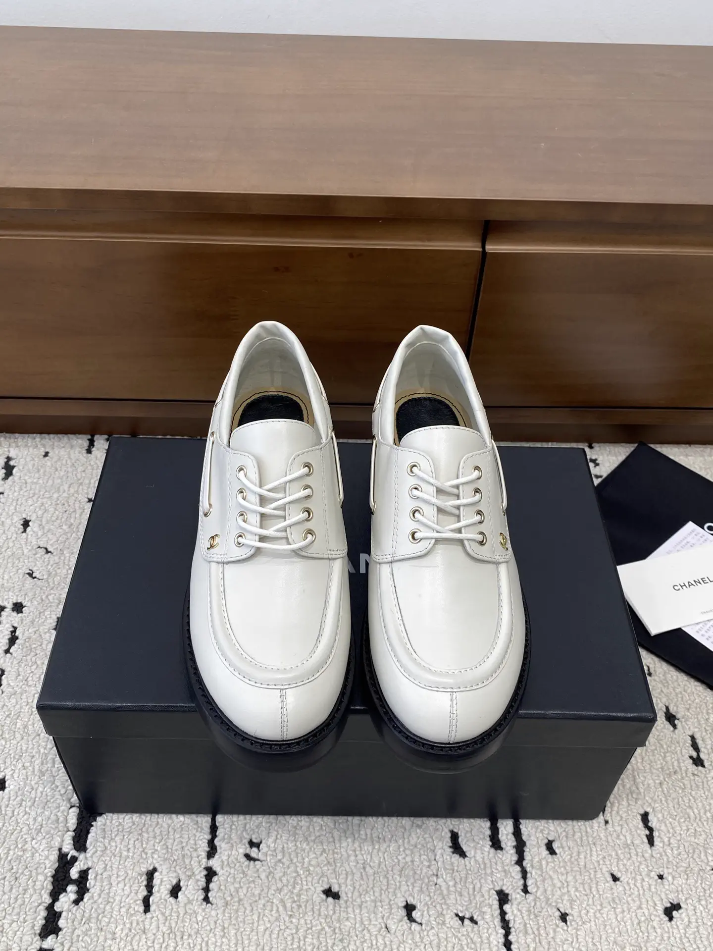CHANEL White Leather Lace-Up Loafers image 1