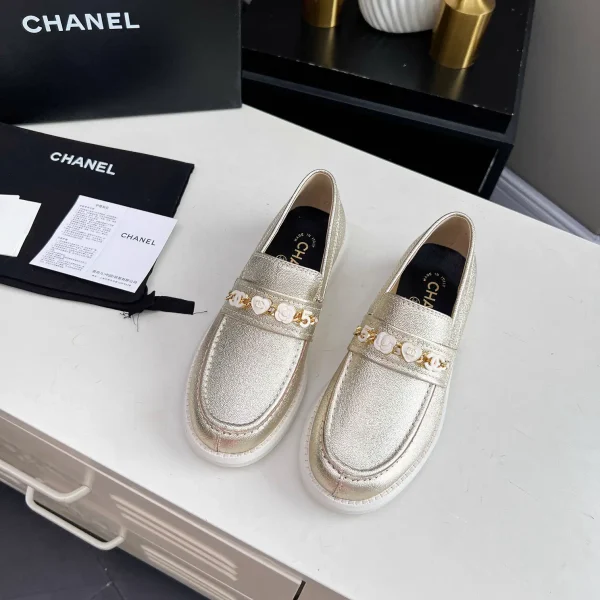 Metallic Round Toe Loafers with Decorative Chain image 1