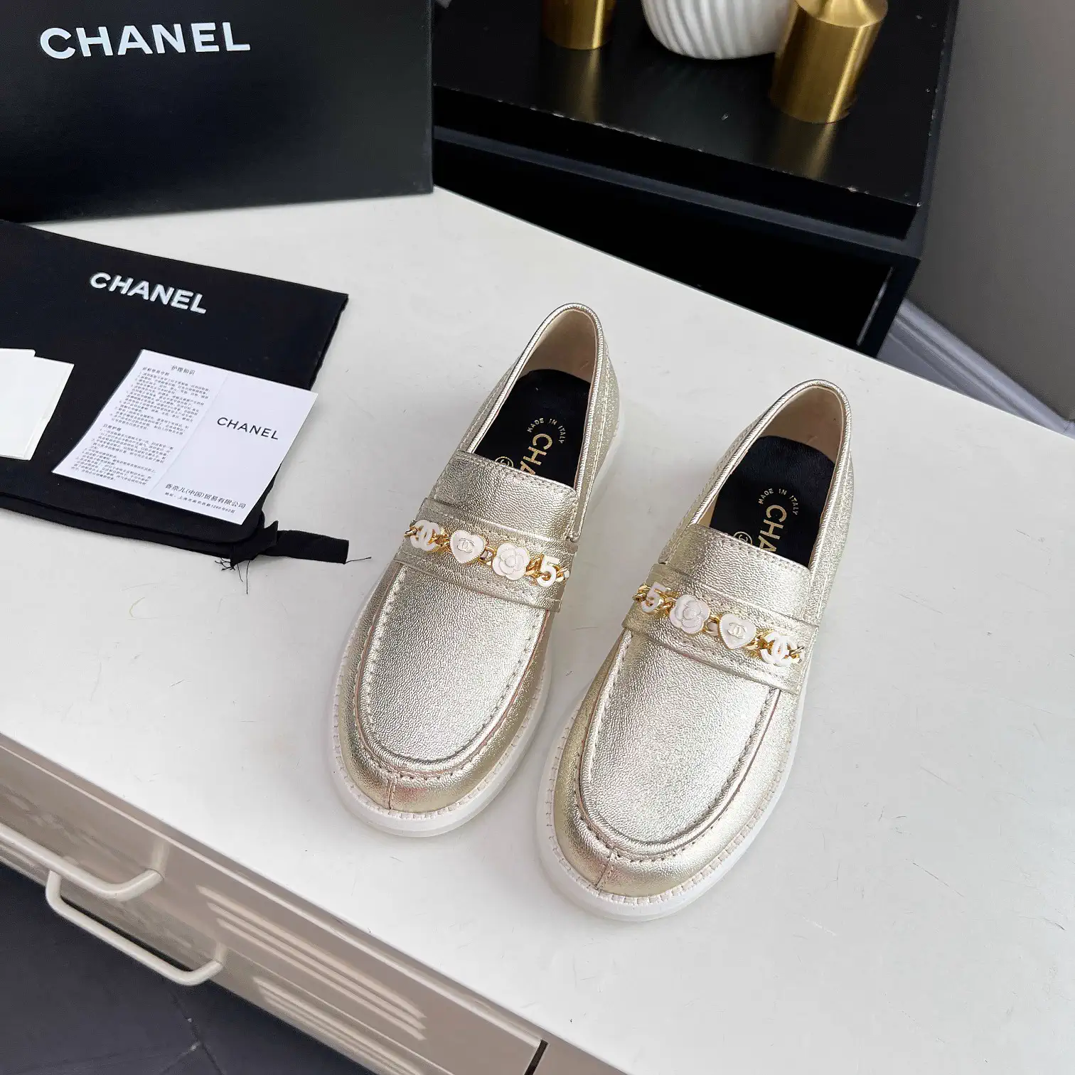 Metallic Round Toe Loafers with Decorative Chain image 1
