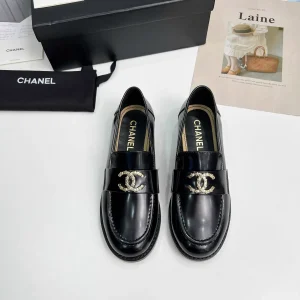 Black Leather Loafers with Gold Logo Accent image 1