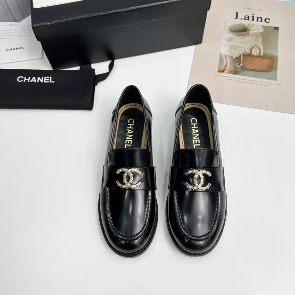 Black Leather Loafers with Gold Logo Accent image 1