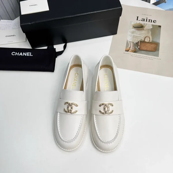 White Leather Loafers with Gold Logo Accent image 1