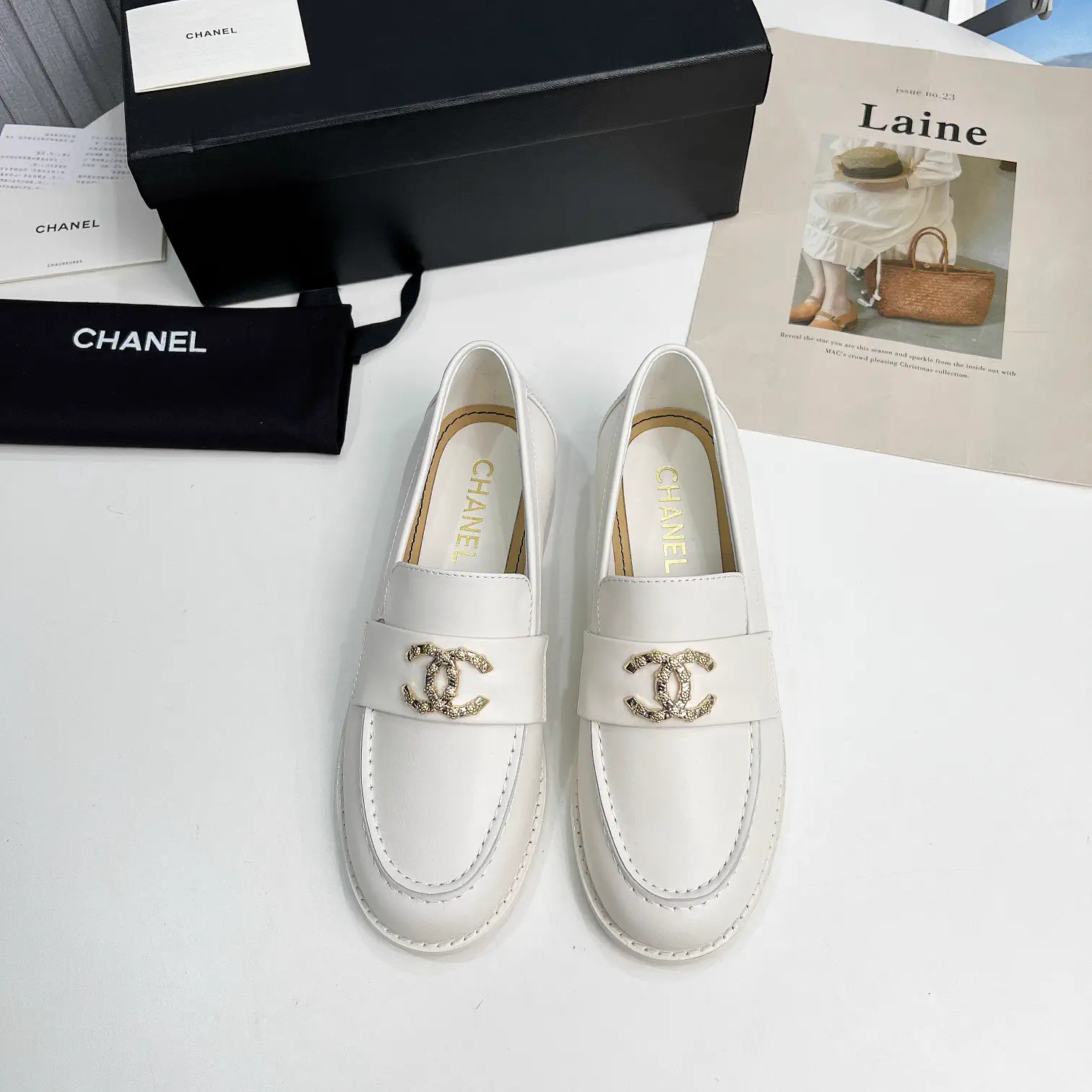 White Leather Loafers with Gold Logo Accent image 1
