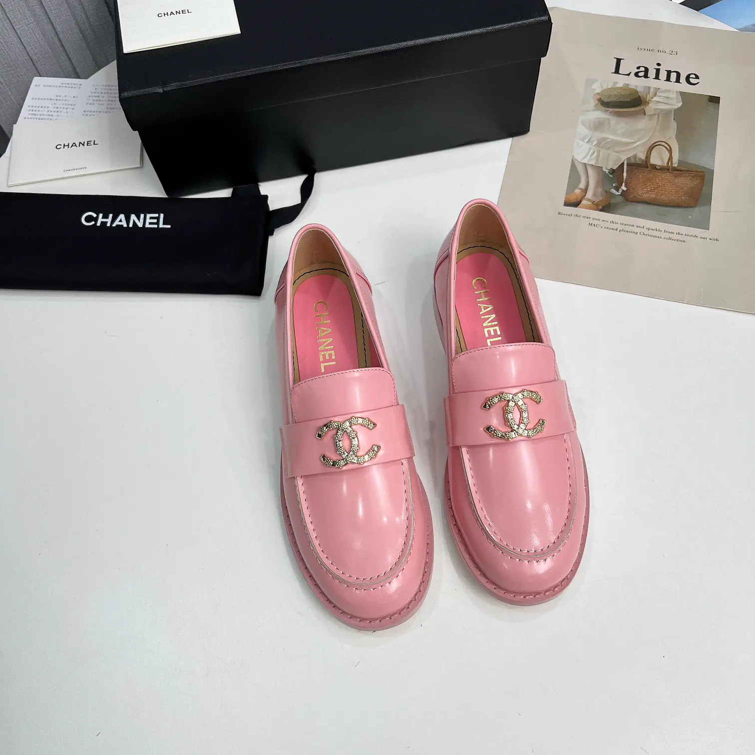 Pink Leather Loafers with Gold Logo Accent image 1
