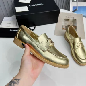 Gold Metallic Loafers with Decorative Buckle image 1