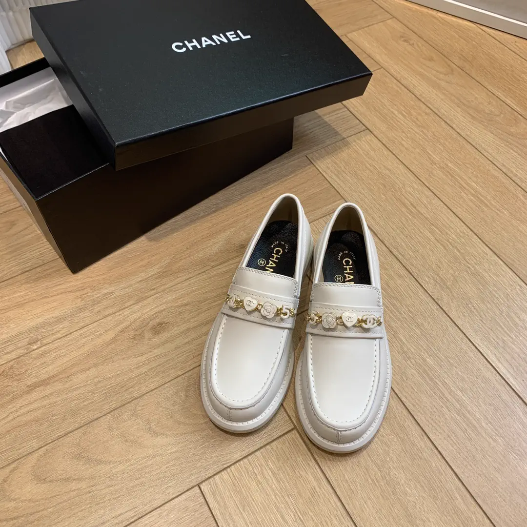 CHANEL Women's White Leather Loafers with Chain Detail image 1
