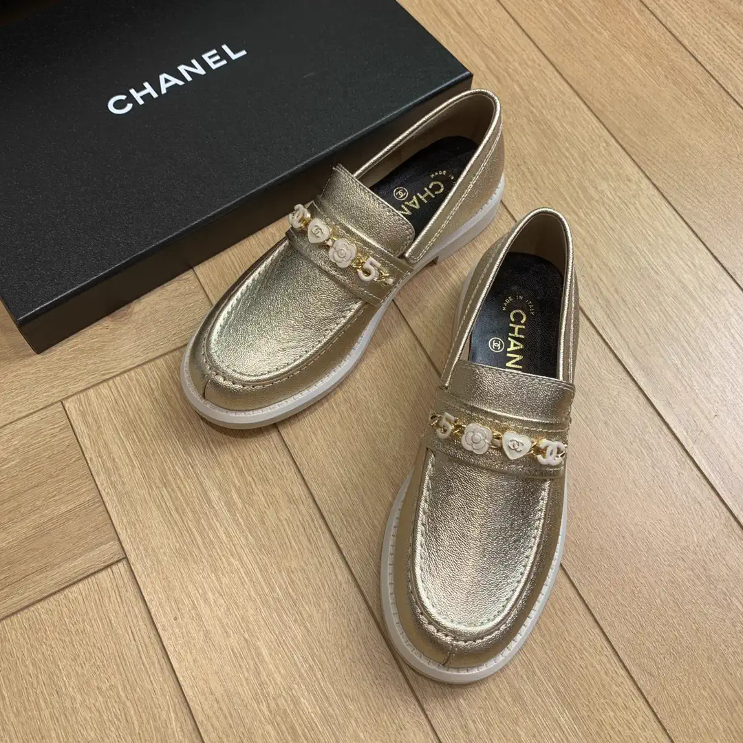 Metallic Gold Round Toe Loafers with Decorative Charm Strap image 1