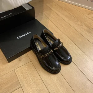 CHANEL Black Leather Loafers with Gold Chain Detail image 1