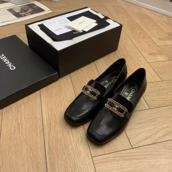 CHANEL Square Toe Chunky Heel Loafers with Chain Letter Buckle image 1
