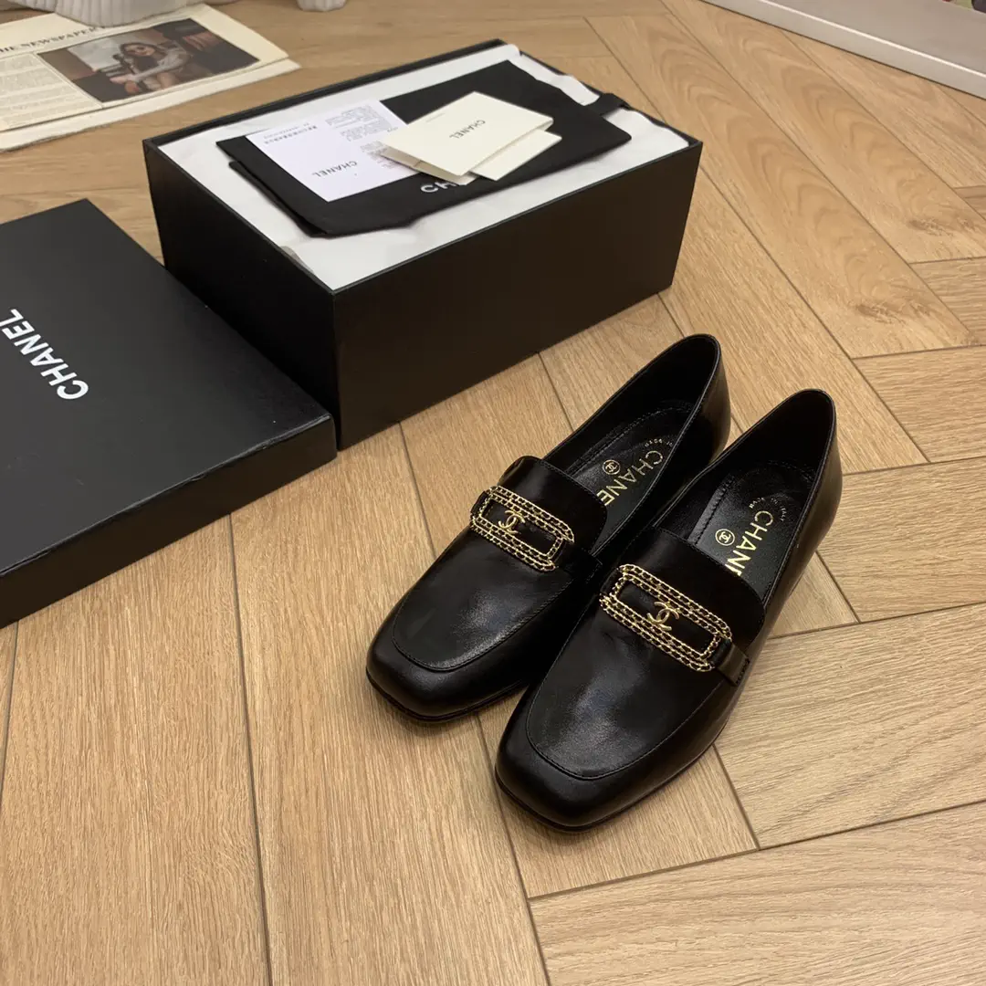 CHANEL Square Toe Chunky Heel Loafers with Chain Letter Buckle image 1