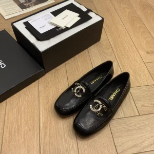 Black Patent Leather Square Toe Chunky Heel Loafers with Double C Buckle image 1