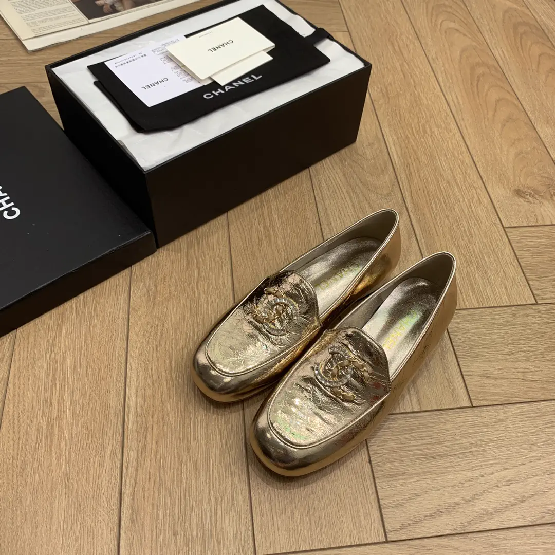 Gold Square Toe Chunky Heel Loafers with Double C Buckle image 1