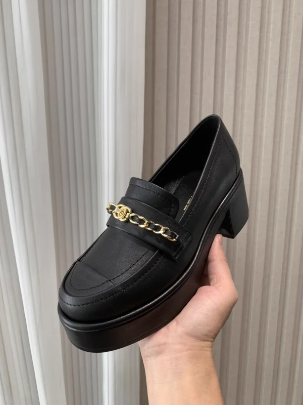 Black Platform Loafers with Gold Chain Detail image 1