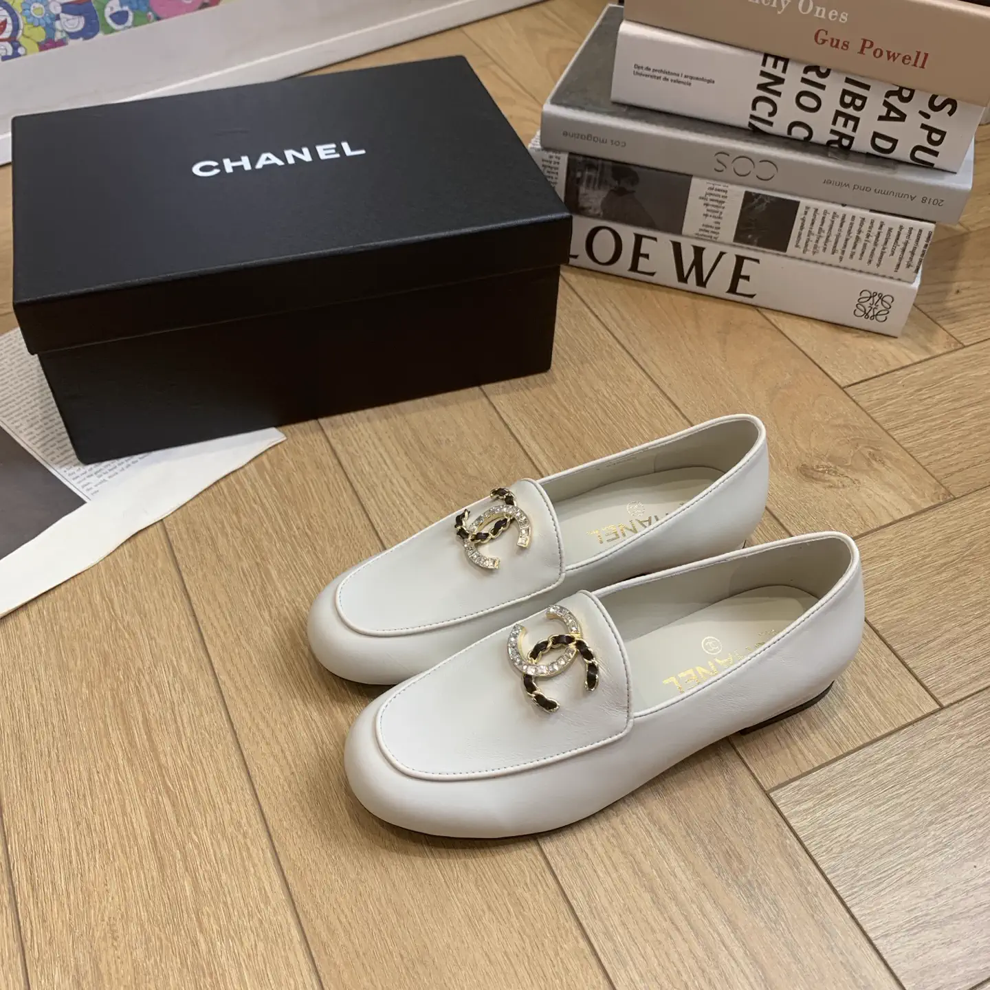 White Square Toe Chunky Heel Loafers with Double C Buckle image 1