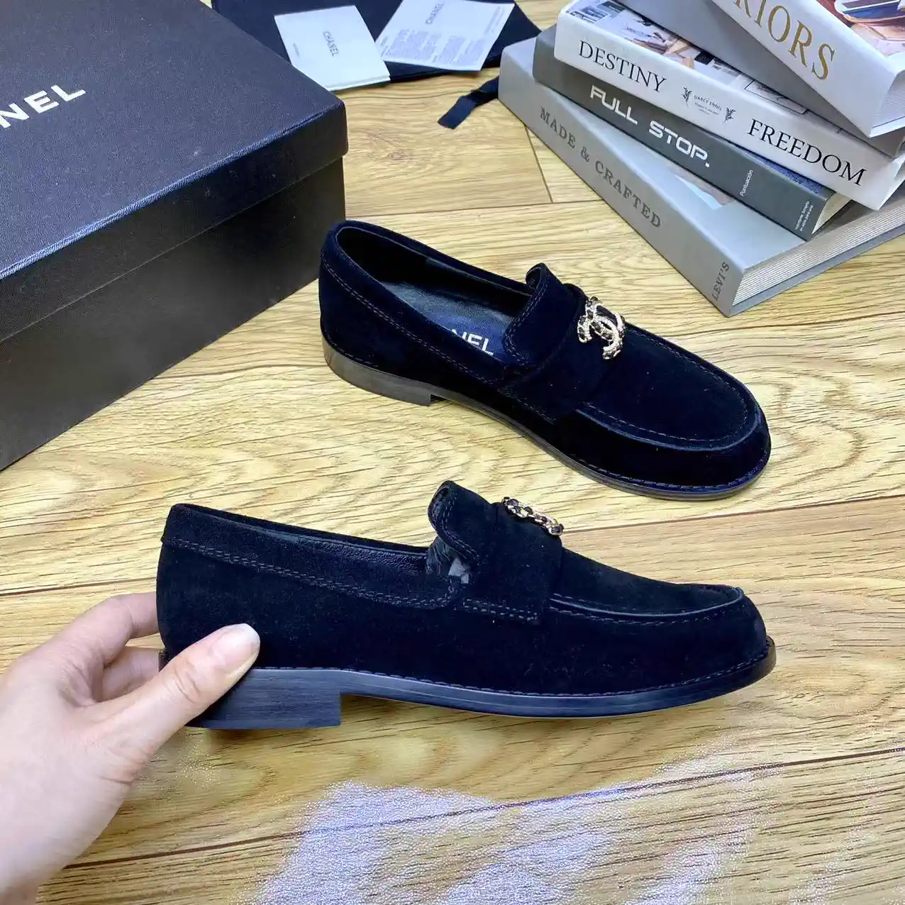 CHANEL Women's Suede Loafers with Gold-Tone Logo Accent image 1