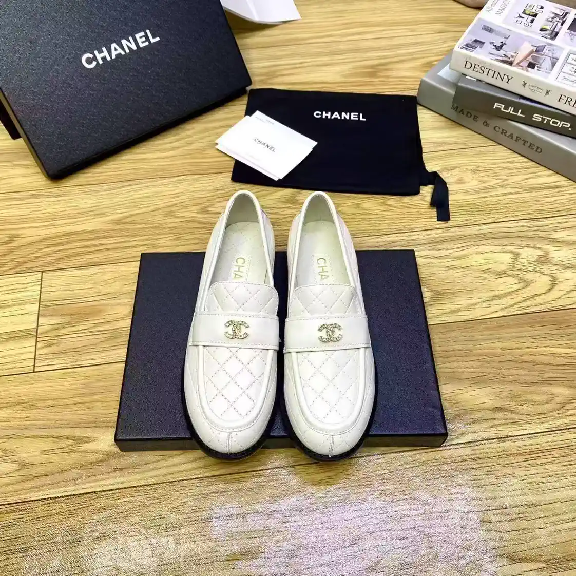 White Quilted Loafers with CC Logo image 1