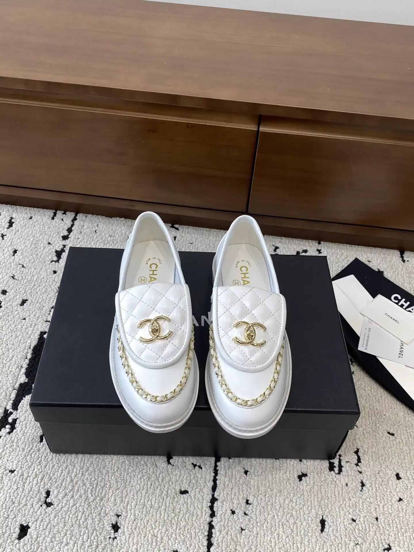 CHANEL White Quilted Leather Loafers with Gold CC Logo image 1