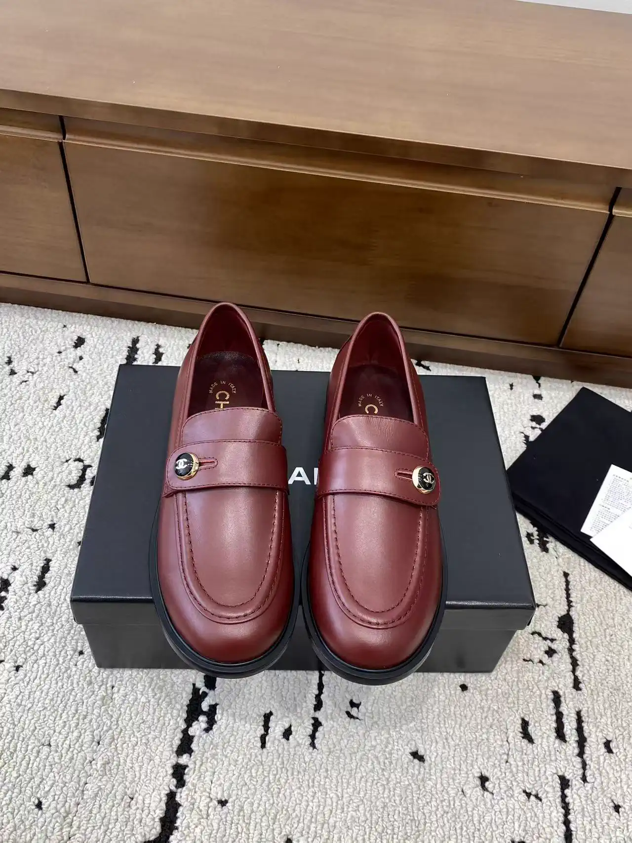 Burgundy Leather Loafers with Button Decor image 1