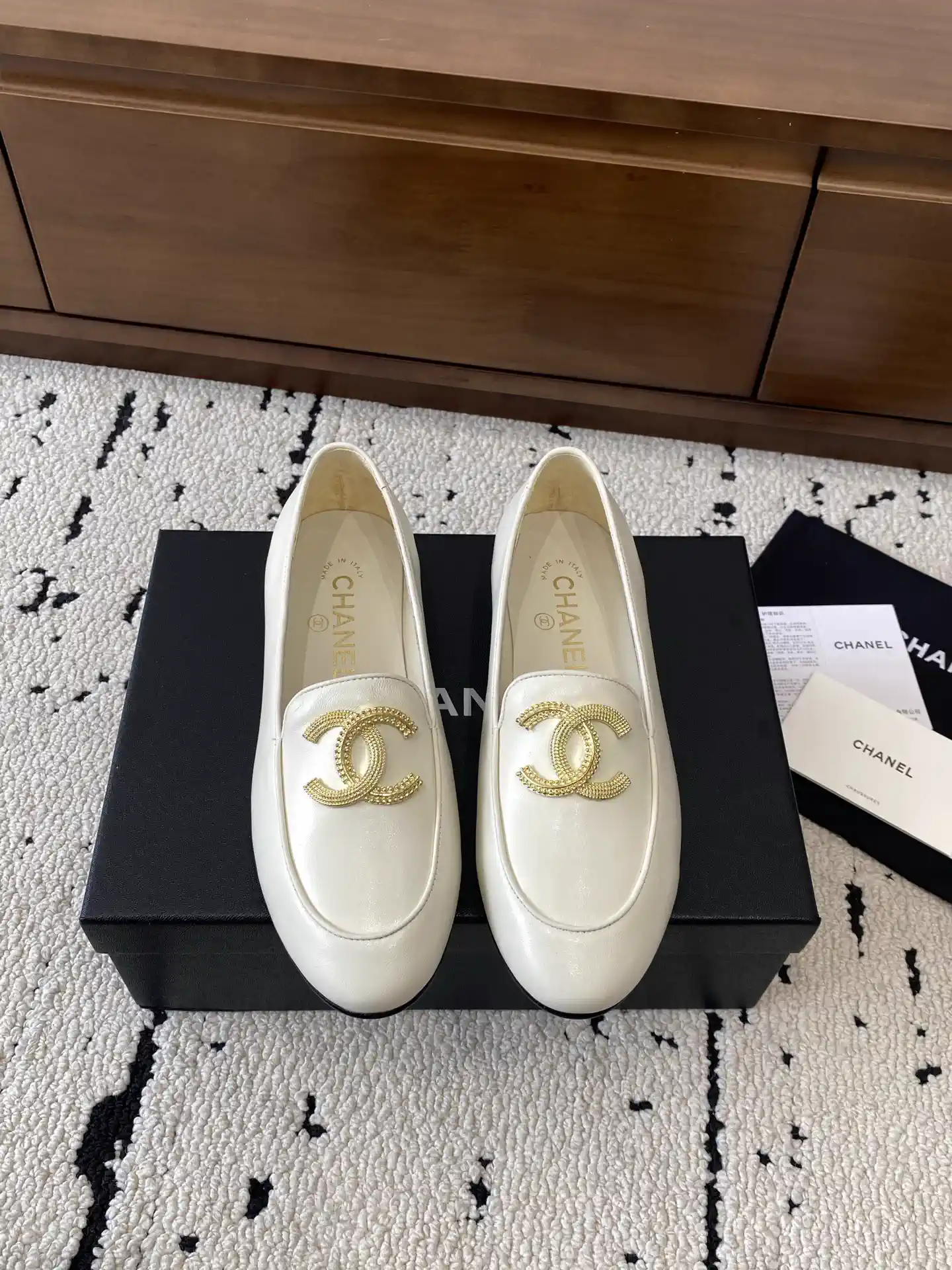 White Low Heel Rounded Pointed Toe Flat Loafers with Gold CC Buckle image 1