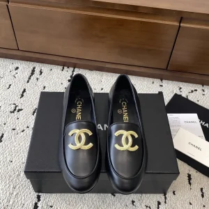 Black Leather Loafer Flats with Gold Logo Accent image 1