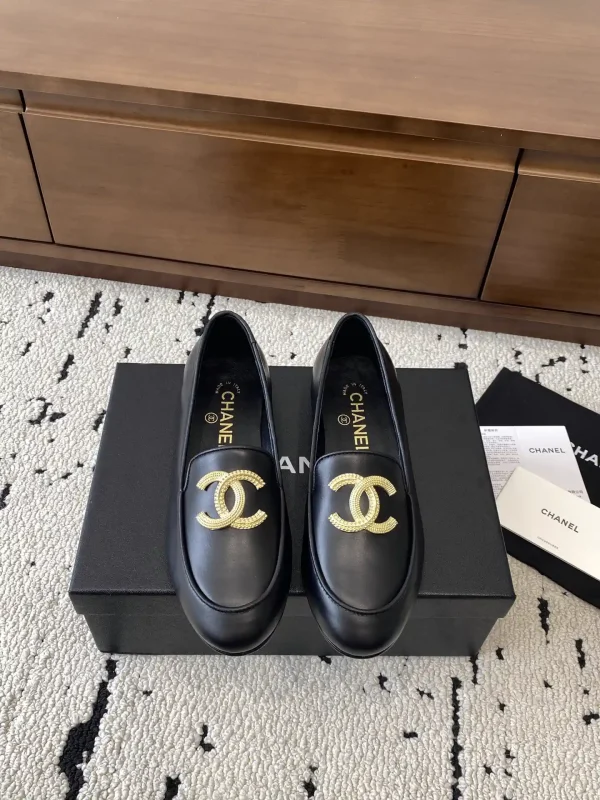 Black Leather Loafer Flats with Gold Logo Accent image 1