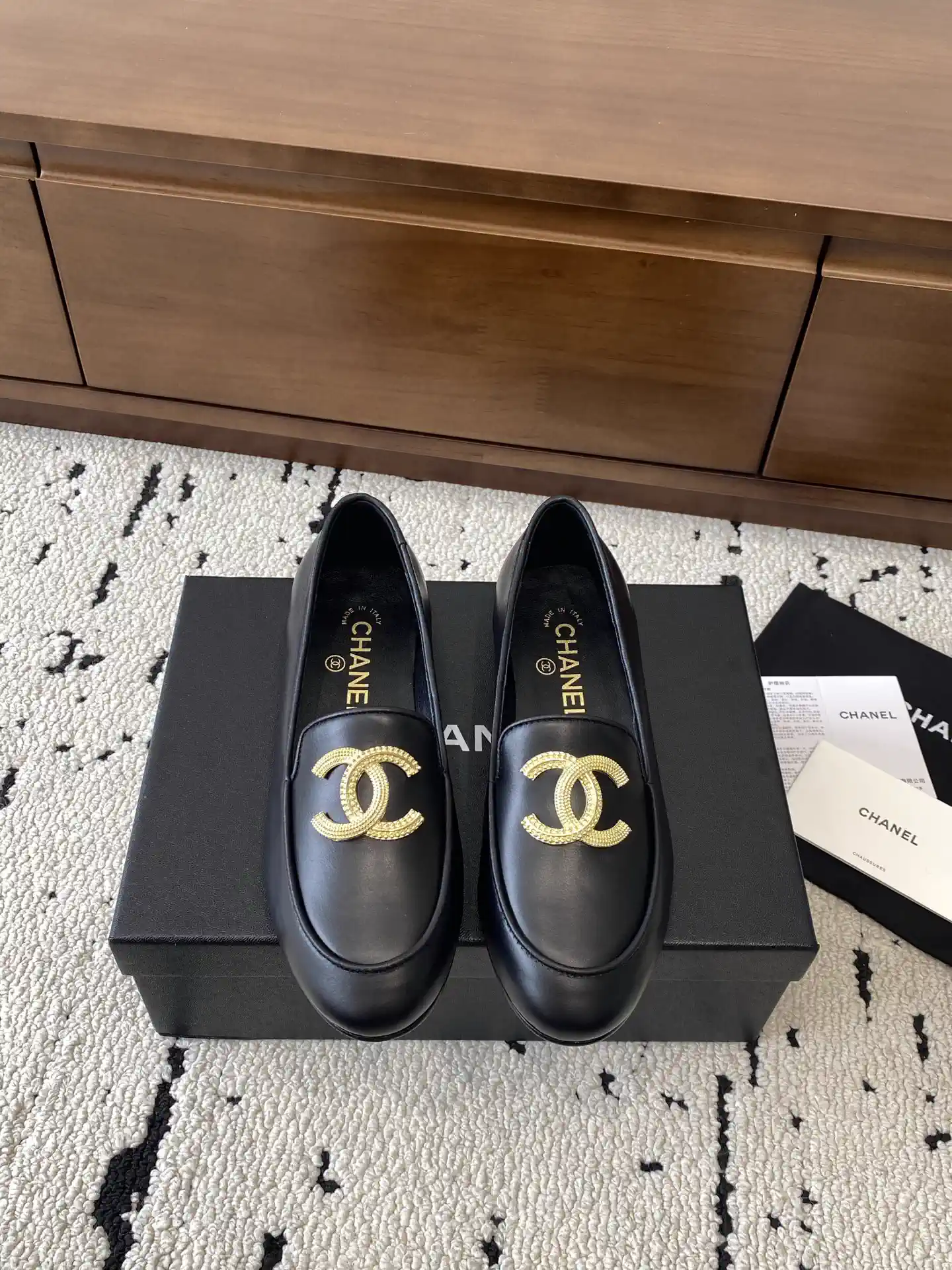 Black Leather Loafer Flats with Gold Logo Accent image 1