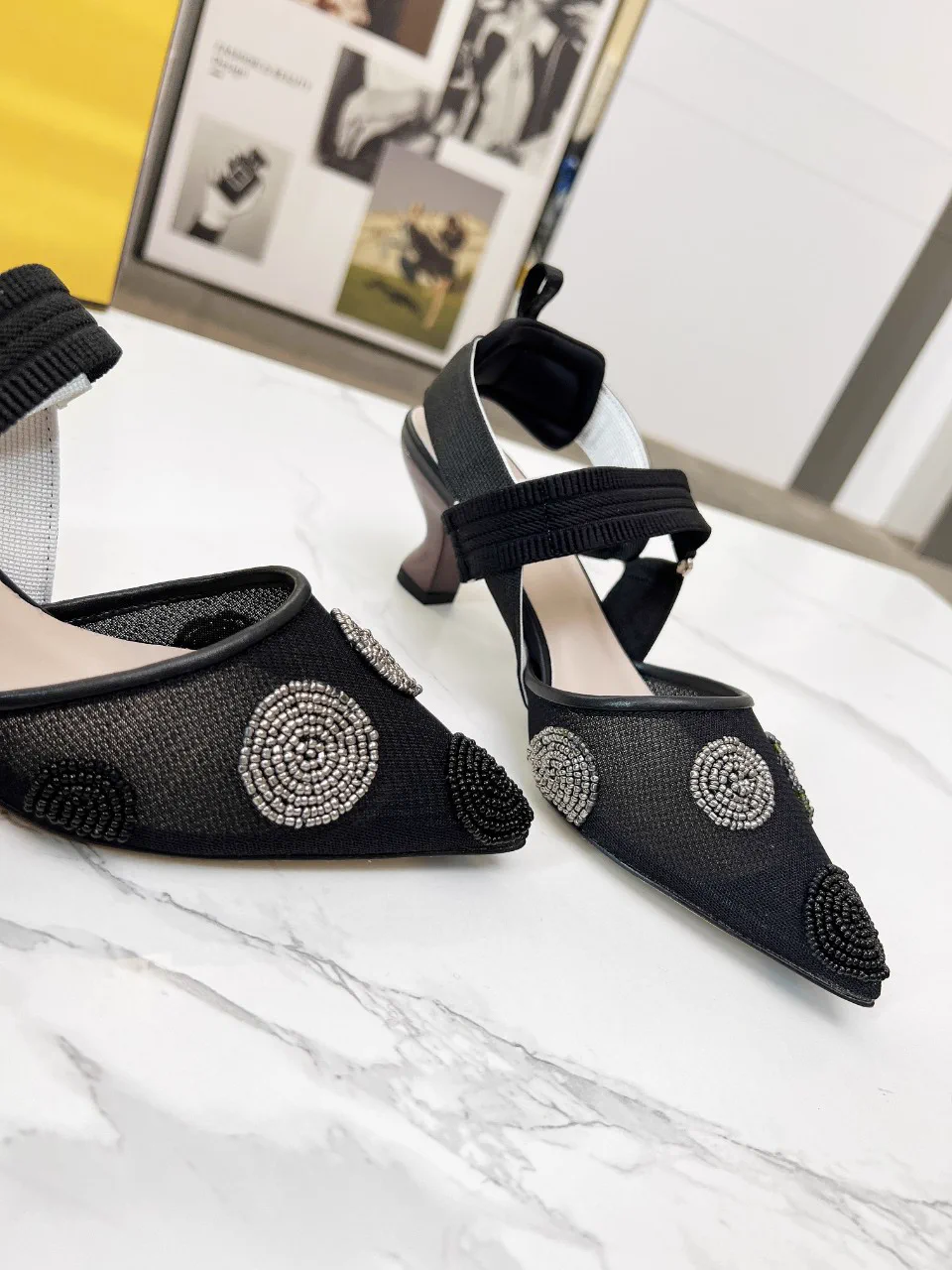 Women's Pointed Toe Slingback Heels with Beaded Decor image 1