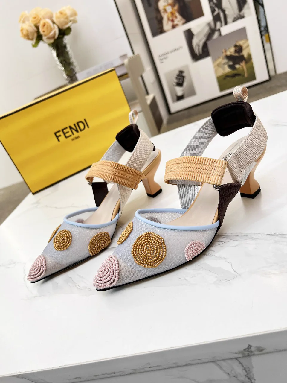 Women's Slingback Kitten Heel Shoes with Beaded Decor image 1