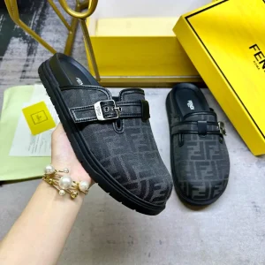 FENDI Gray FF Jacquard Round Toe Flat Mule Slippers image 1