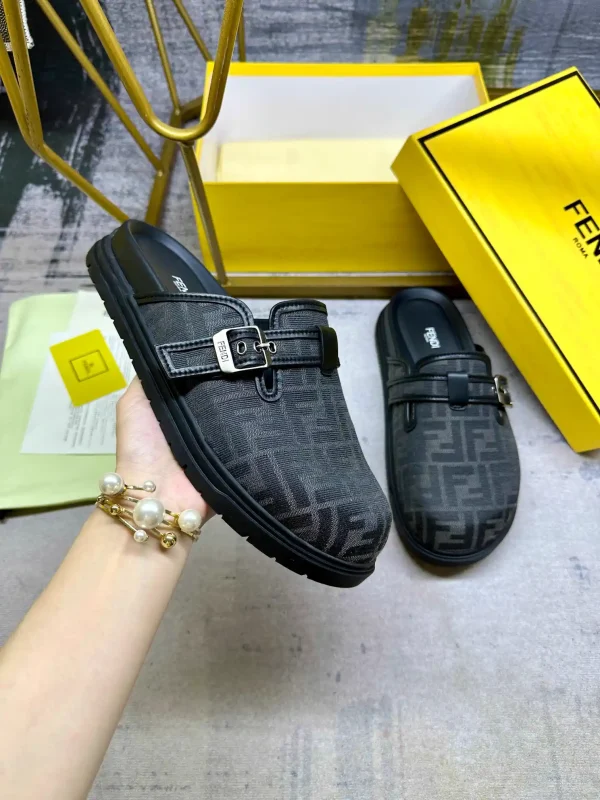 FENDI Gray FF Jacquard Round Toe Flat Mule Slippers image 1