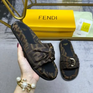 FENDI Flat Slide Sandals with Knotted Strap and Gold-Tone Hardware image 1