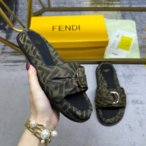FENDI Flat Slide Sandals with Knotted Strap and Gold-tone Hardware image 1
