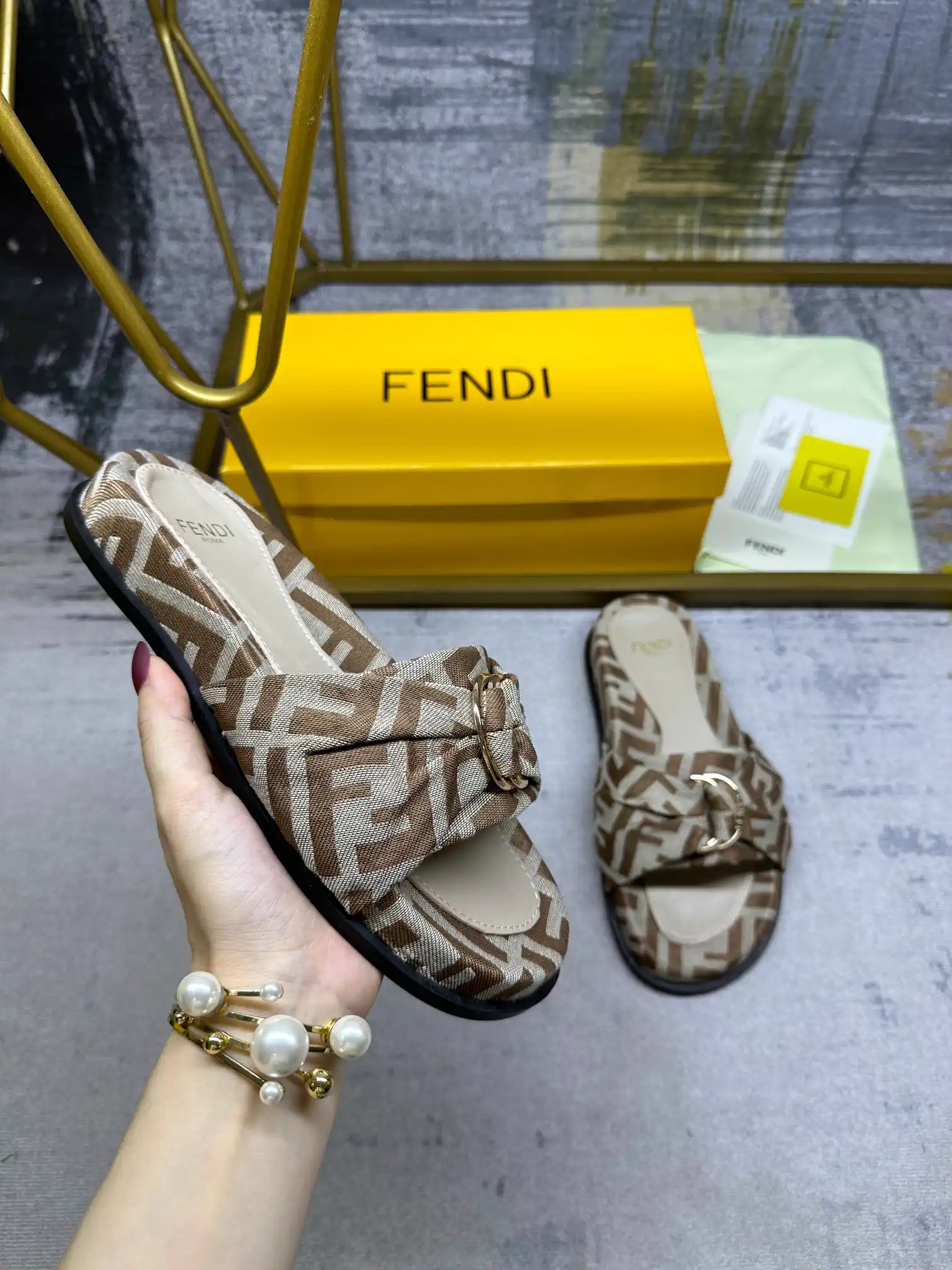 FENDI Flat Slide Sandals with Knotted Strap and Gold-tone Hardware image 1