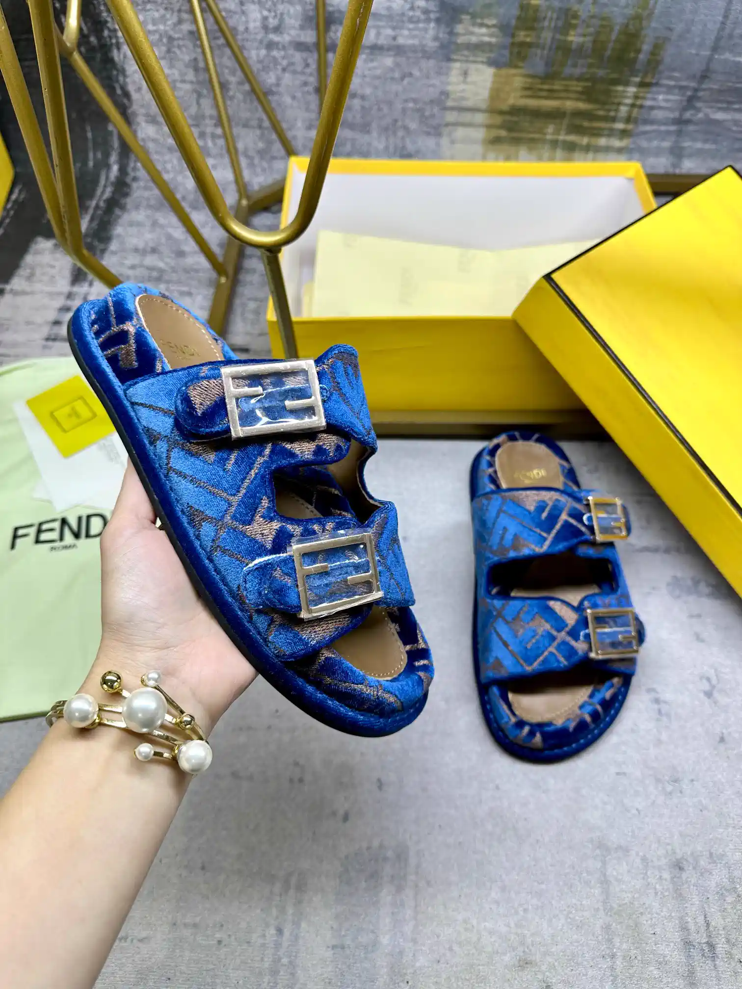 FENDI Double Strap Flat Slide Sandals with FF Decorative Buckles image 1