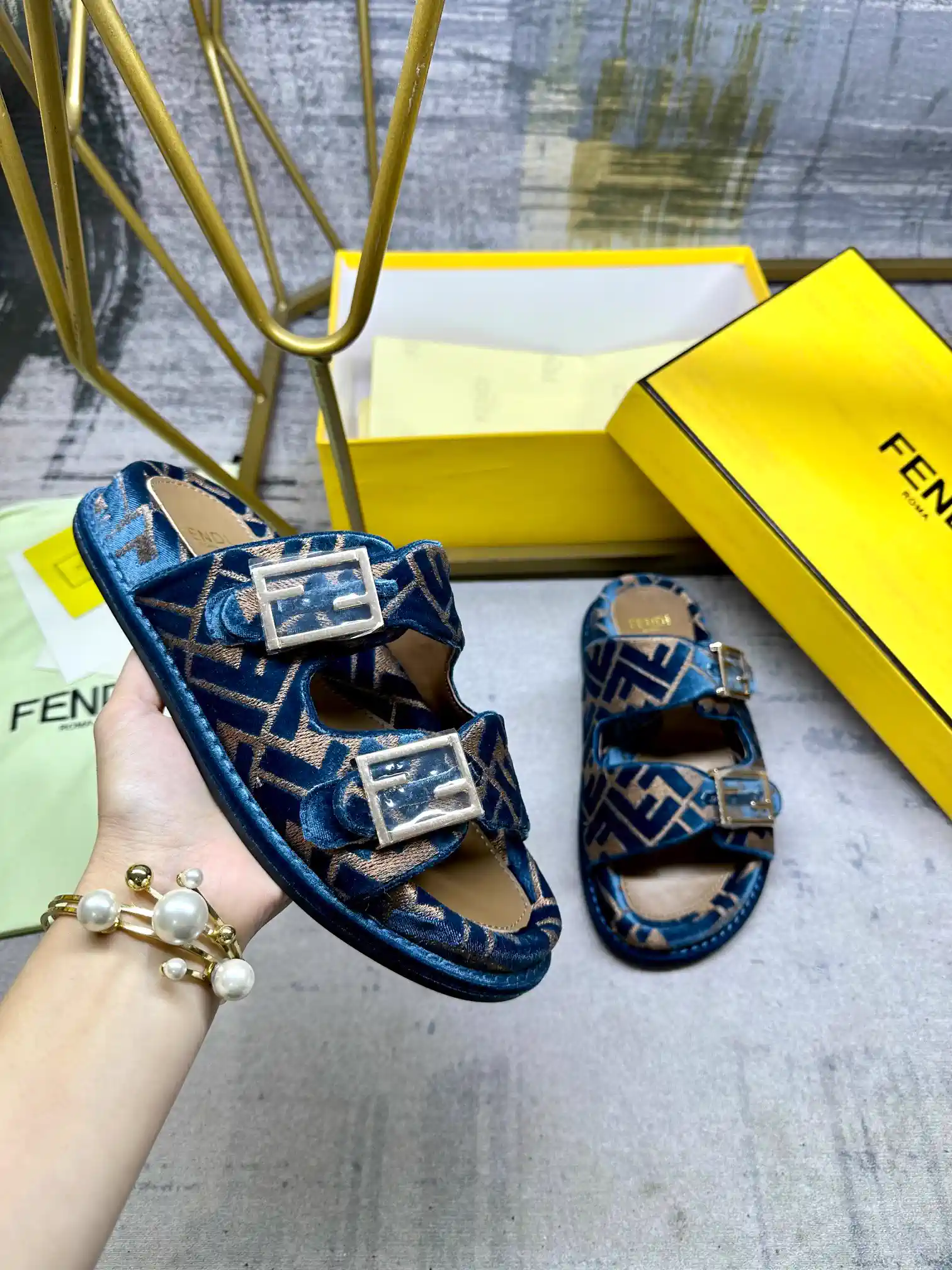 FENDI Double Strap Flat Slide Sandals with FF Decorative Buckles image 1