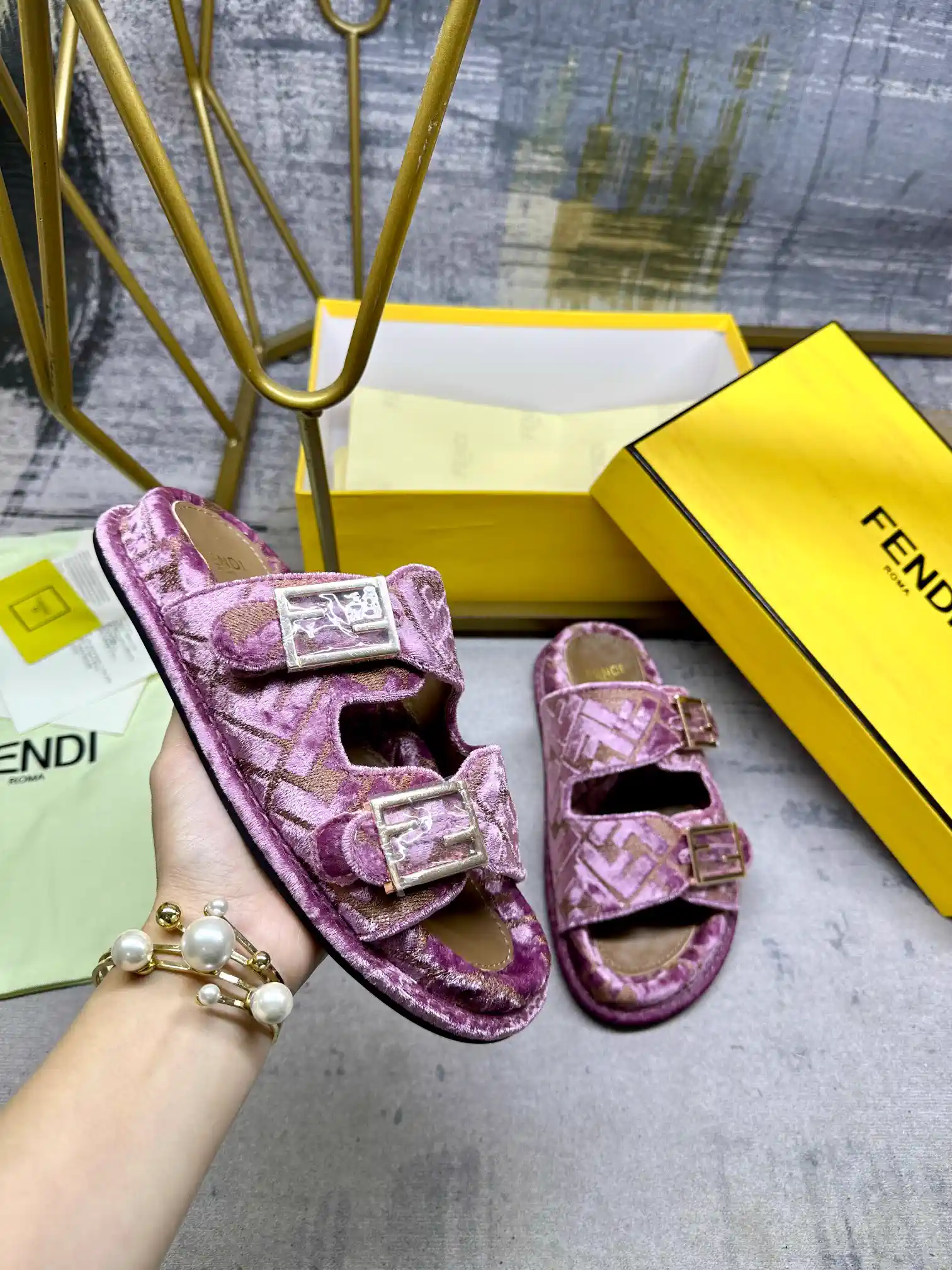 FENDI Double Strap Flat Slide Sandals with FF Decorative Buckles image 1