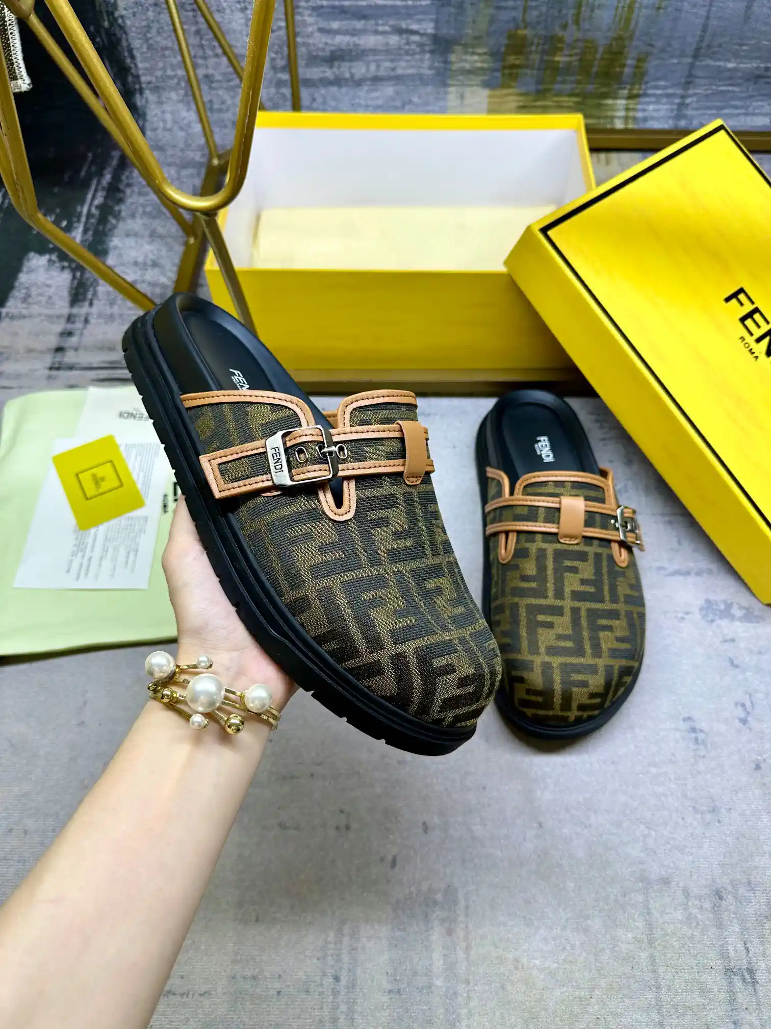 FENDI Round Toe Flat Mule Slippers with FF Jacquard image 1