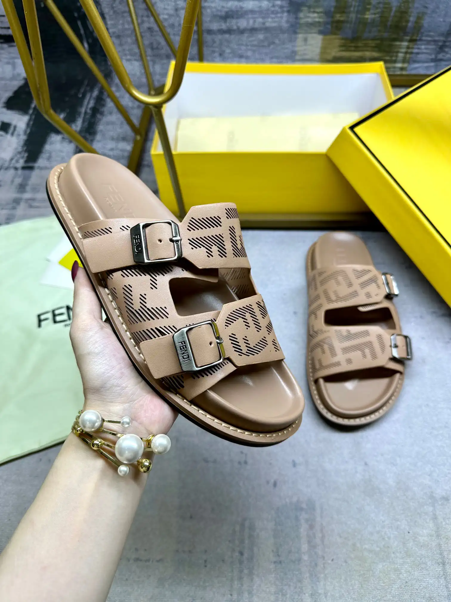 FENDI Double Strap Flat Slide Sandals image 1