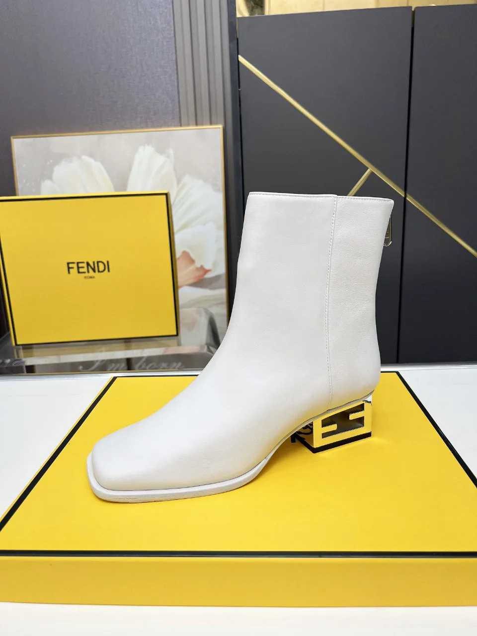 White Square Toe Ankle Boots with Decorative Heel image 1