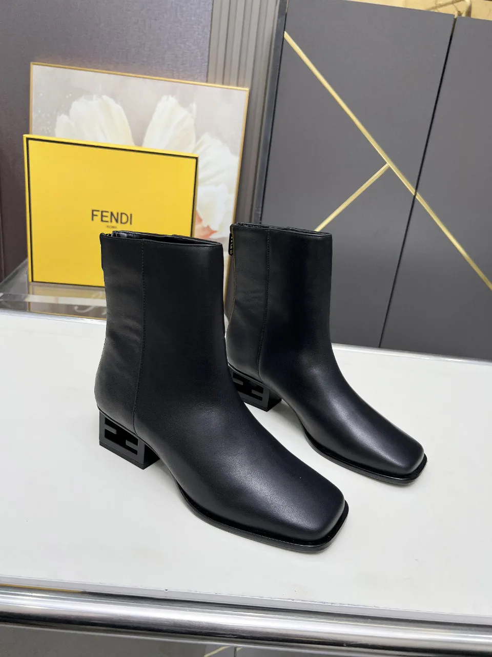 FENDI Black Square Toe Block Heel Ankle Boots image 1
