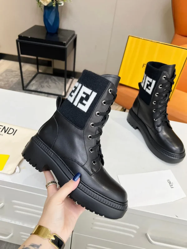 FENDI Black Knit Paneled Lace-Up Martin Boots image 1