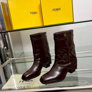 FENDI Brown Chunky Heel Cuffed Mid-Calf Boots image 1